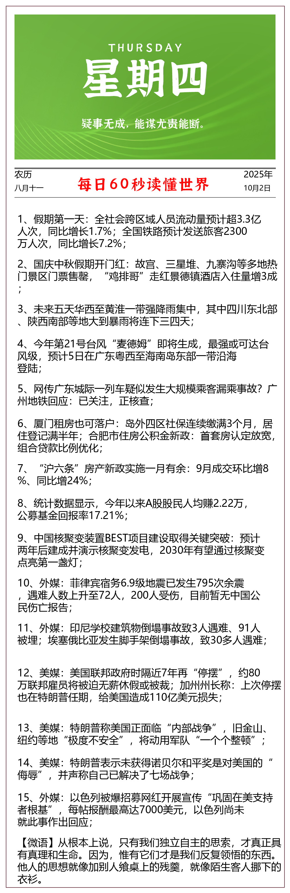 【2025.10.2】60秒读懂世界